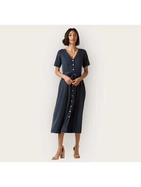 Vetta Classic Capsule Button Down Midi Dress Washed Navy V-Neck Pockets XL